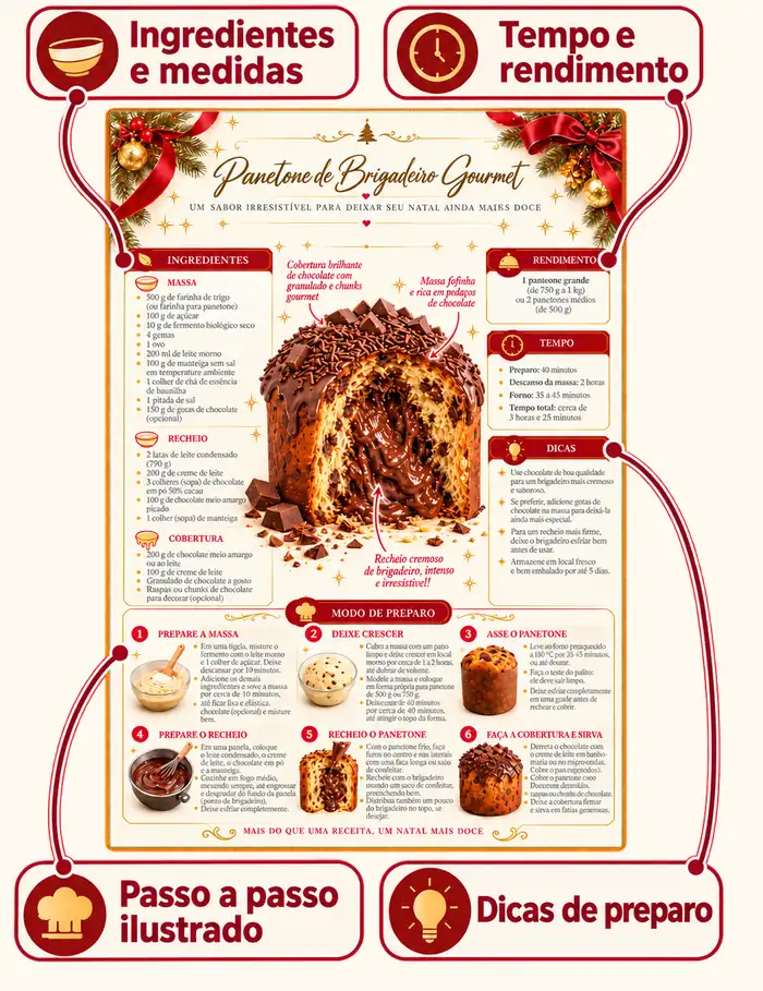 Receita visual de Panetone de Brigadeiro Gourmet com destaque para ingredientes e medidas, tempo e rendimento, passo a passo ilustrado e dicas de preparo